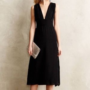 Anthropologie Black Deep V Mid Length Dress Medium